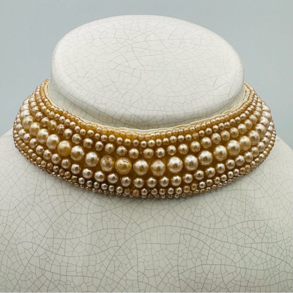 Vintage Cream Faux Pearl Multi-Row Choker Necklace